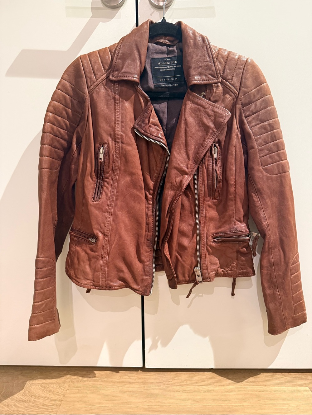 All Saints Brown Leather Moto Jacket with Quilted Shoulders